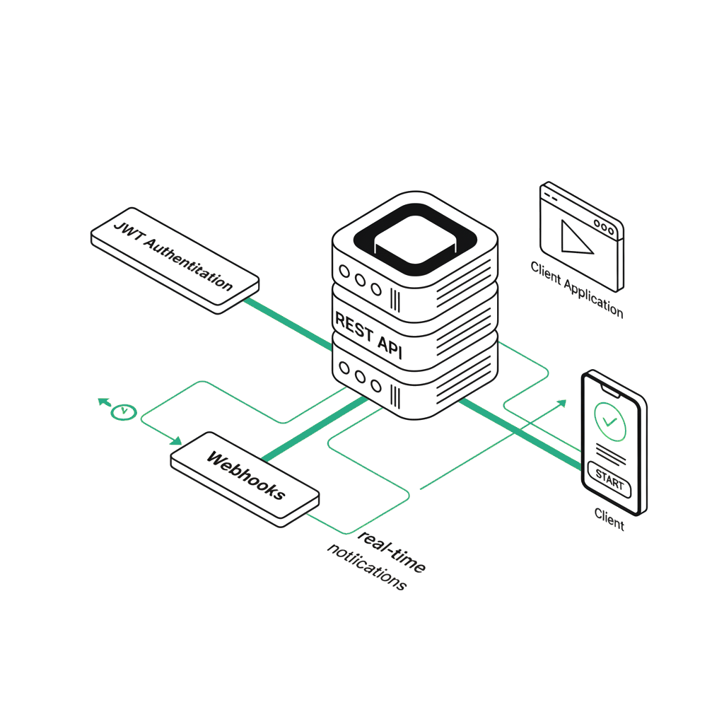 API REST e webhooks para integração completa